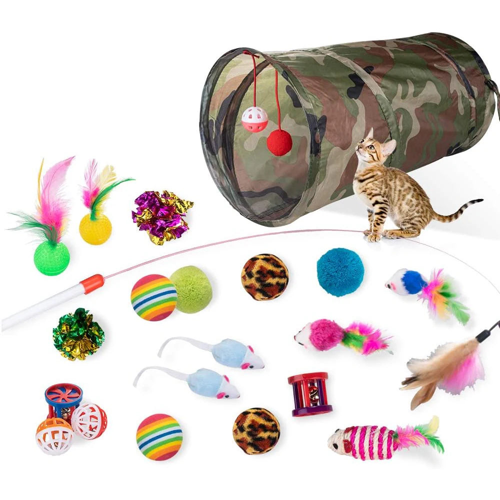 21pcs Kitten Toys Assortments for Indoor Cats Collapsible Cat Tunnel Interactive Feather Teaser Wand Ball Toy for Kitten Cats