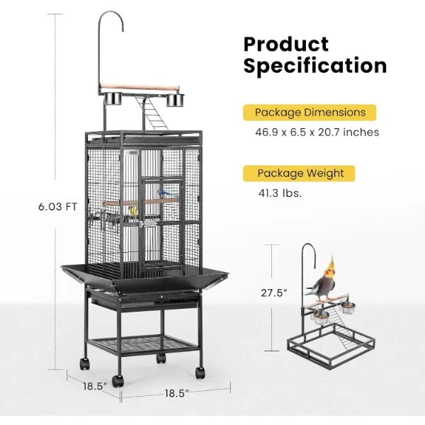 72 Inch Wrought Iron Large Bird Cage with Play Top