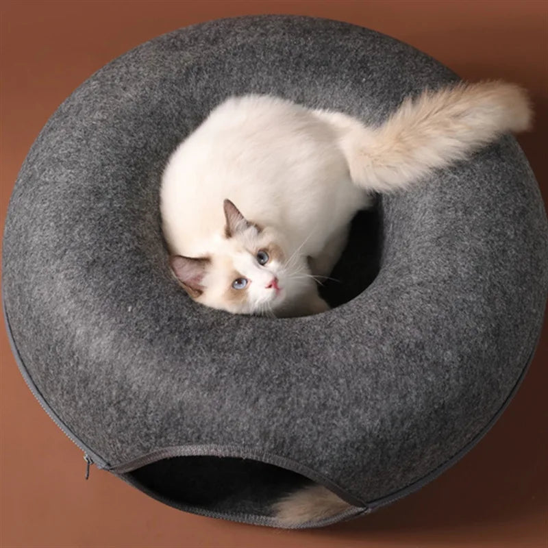 Donut Cat Tunnel Bed  Natural Felt  Interactive Toys