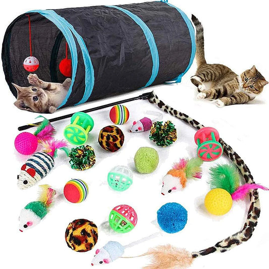 21pcs Kitten Toys Assortments for Indoor Cats Collapsible Cat Tunnel Interactive Feather Teaser Wand Ball Toy for Kitten Cats