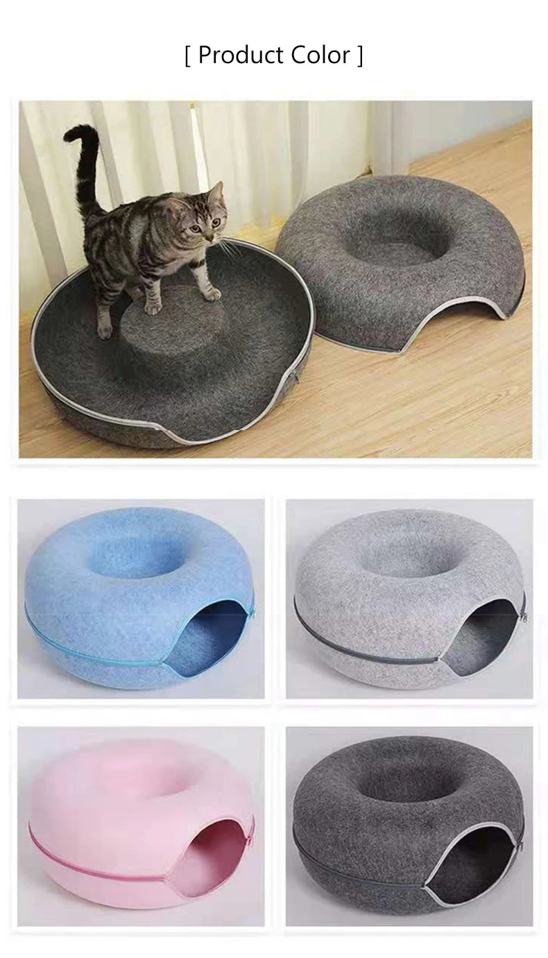 Donut Cat Tunnel Bed  Natural Felt  Interactive Toys